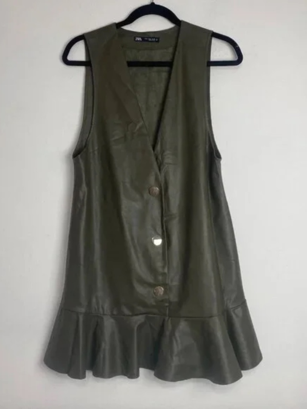 Zara Olive Green Faux Leather Vest Dress Women Size Medium Retro Flounce Button - Picture 4 of 6